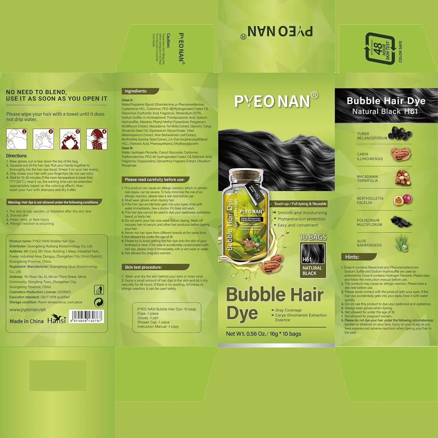 Unisex Bubble Hair Dye with Natural Plant Extracts, 2-in-1 for Gray Coverage and Hair Care, Gray Hair Turns into Black or Dark Brown with Herbal Ingredients (Natural Black, 1 Box (10 bags))