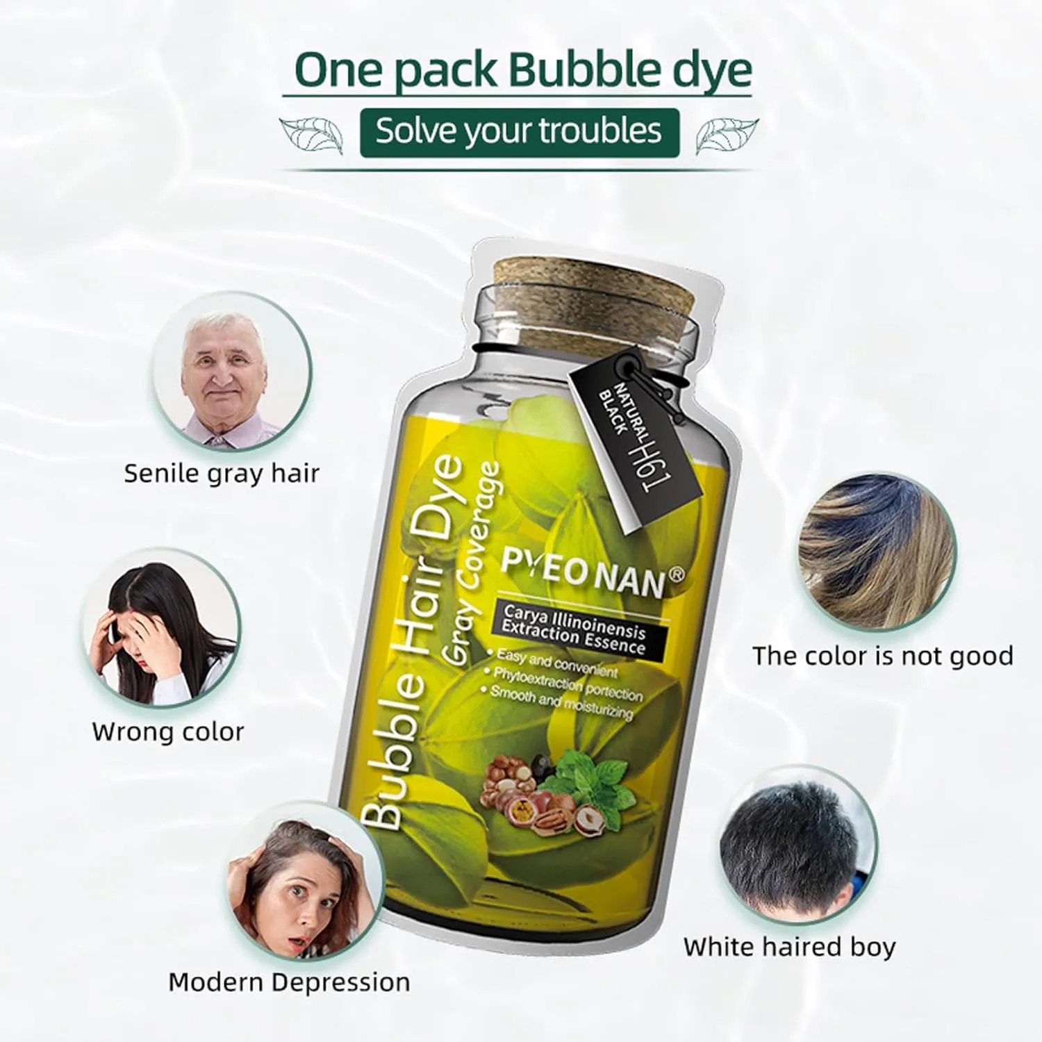 Unisex Bubble Hair Dye with Natural Plant Extracts, 2-in-1 for Gray Coverage and Hair Care, Gray Hair Turns into Black or Dark Brown with Herbal Ingredients (Natural Black, 1 Box (10 bags))