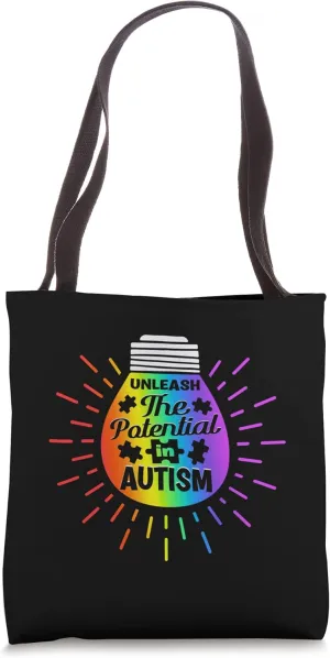 Unleash The Potential Rainbow Light Bulb Autism Awareness Tote Bag