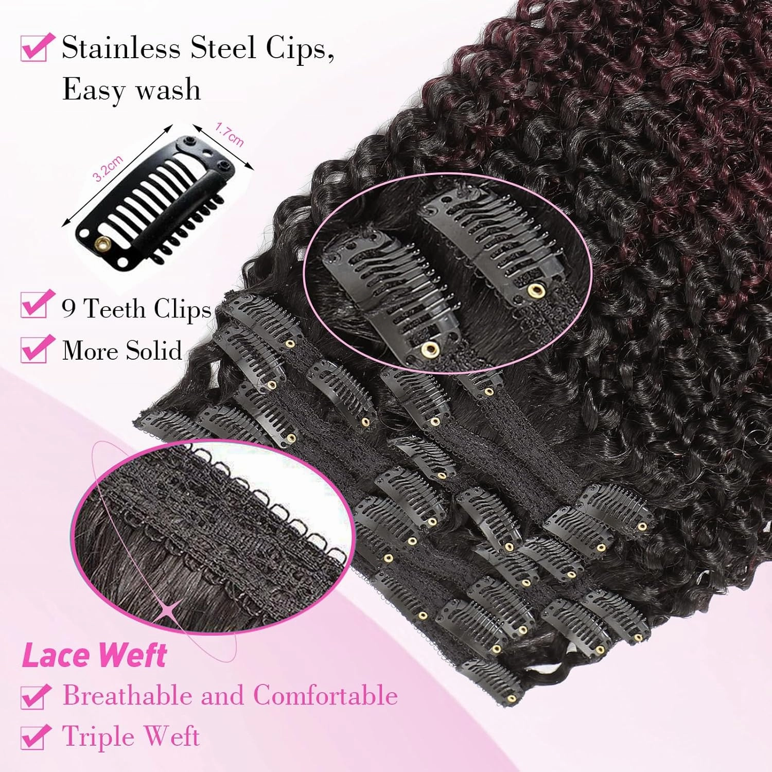 Urbeauty 1B/99J Burgundy Clip in Hair Extensions Real Human Hair, Kinky Curly Hair Extensions Clip Ins, 16 Inch Afro Curly Wine Red Clip Ins Real Human Hair for Black Women(16 Inch,1B/99J)