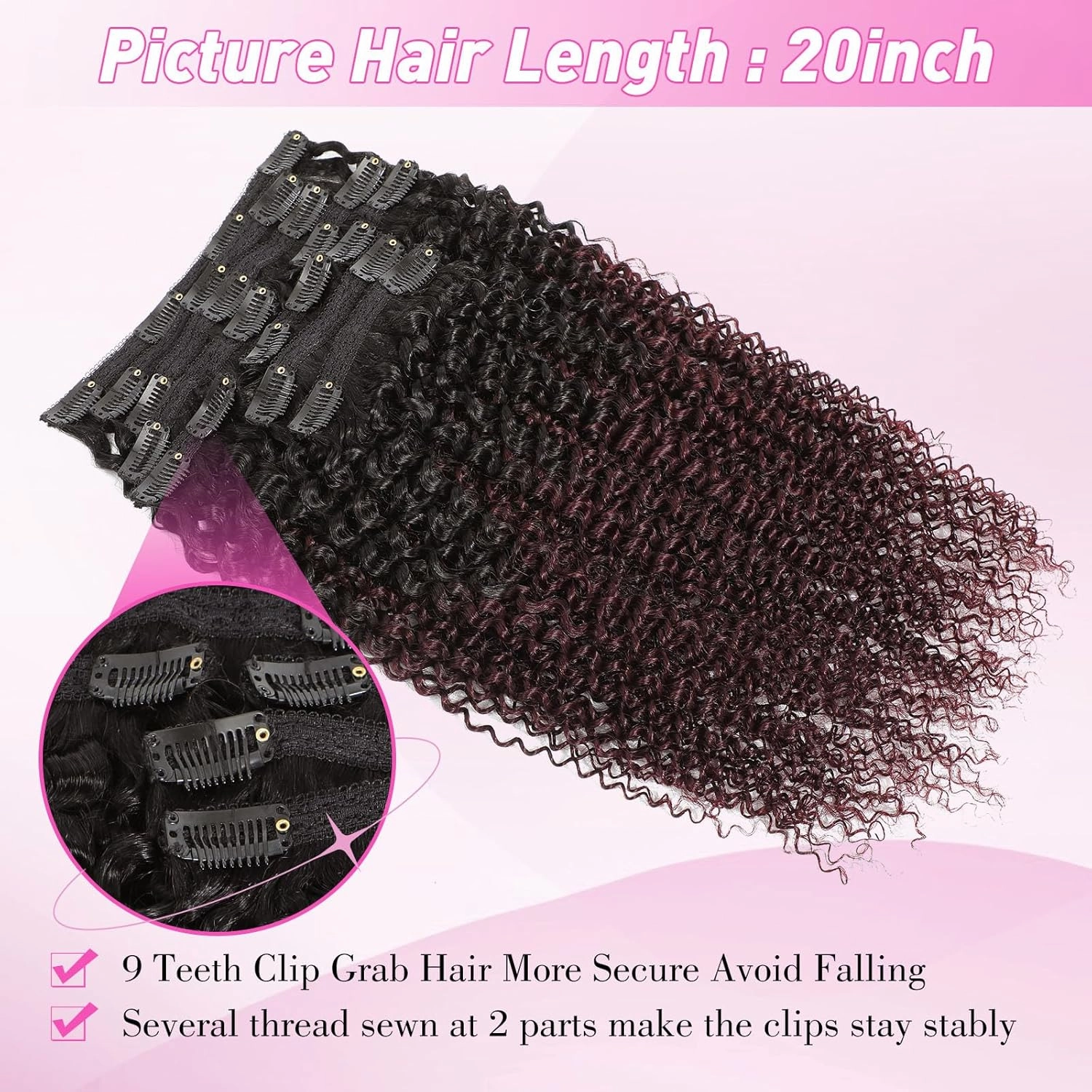 Urbeauty 1B/99J Burgundy Clip in Hair Extensions Real Human Hair, Kinky Curly Hair Extensions Clip Ins, 16 Inch Afro Curly Wine Red Clip Ins Real Human Hair for Black Women(16 Inch,1B/99J)
