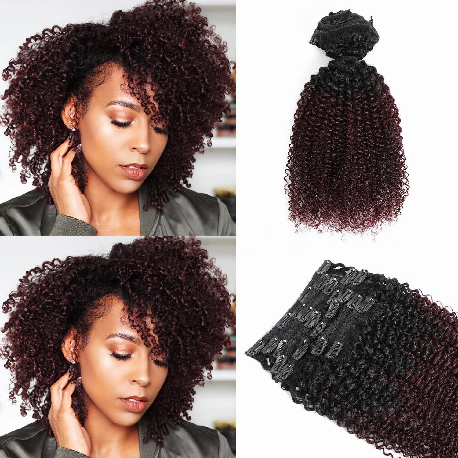 Urbeauty 1B/99J Burgundy Clip in Hair Extensions Real Human Hair, Kinky Curly Hair Extensions Clip Ins, 16 Inch Afro Curly Wine Red Clip Ins Real Human Hair for Black Women(16 Inch,1B/99J)