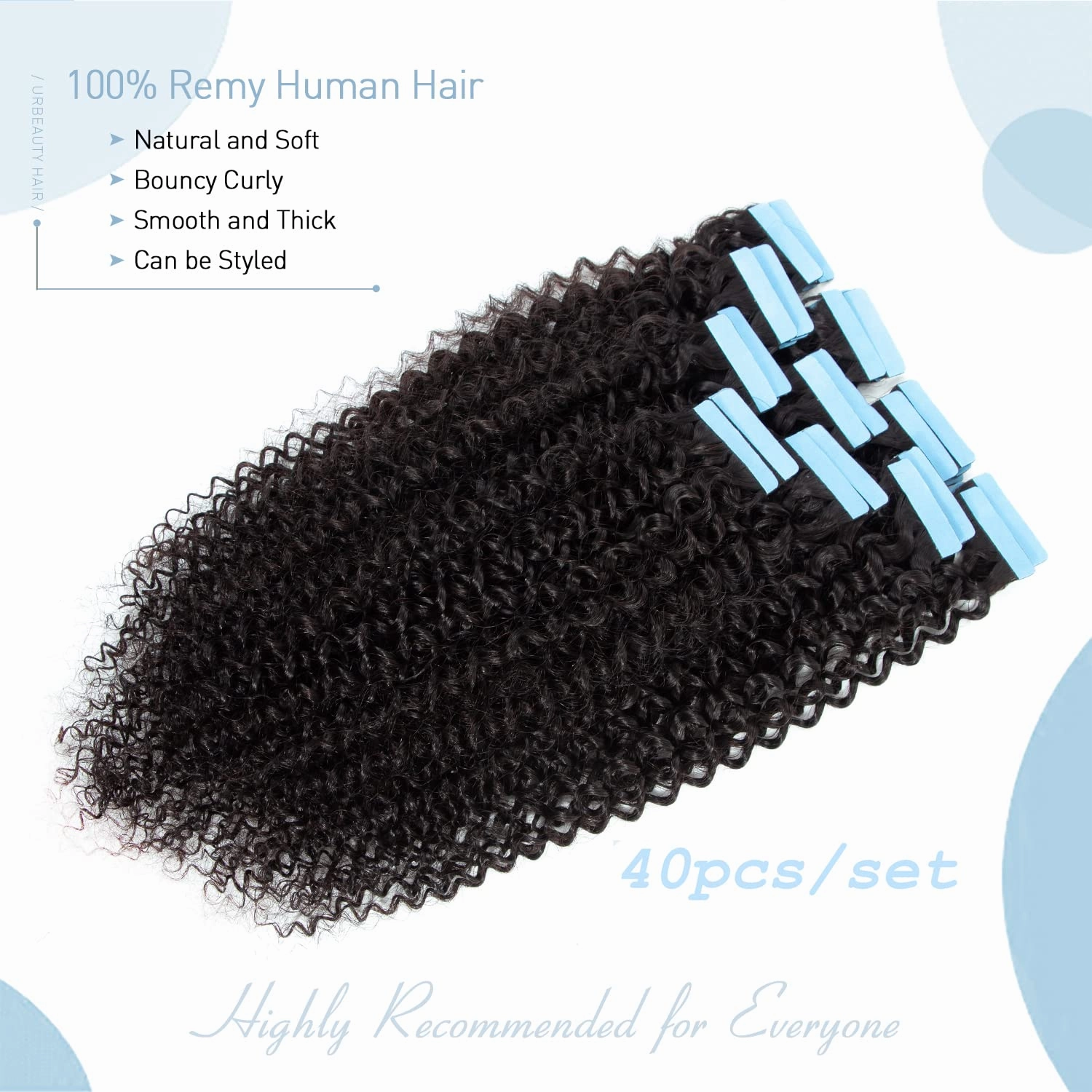 Urbeauty Tape in Hair Extensions Human Hair Black Women 40 Pcs Seamless Kinky Curly Tape on Hair Extensions with Invisible Tape Attached Semi Permanent Tape on Natural Hair
