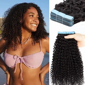 Urbeauty Tape in Hair Extensions Human Hair Black Women 40 Pcs Seamless Kinky Curly Tape on Hair Extensions with Invisible Tape Attached Semi Permanent Tape on Natural Hair