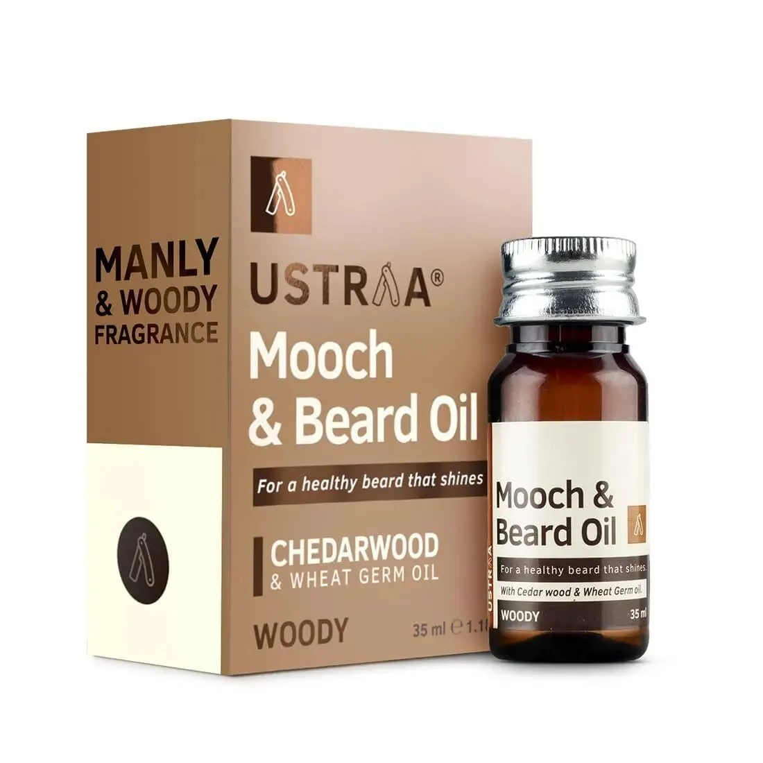 U.s.t.r.a.a. Woody Mooch and Beard Oil - 35ml - Shine, Nourishment & Pleasant Fragrance for beard | No Paraben | Cedar Wood Essential Oil & Wheat Germ Oil rich in Vitamin E