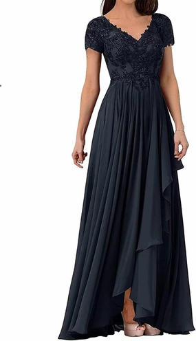 V Neck Mother of The Bride Dresses for Wedding Lace Appliques Prom Dress Women's Cap Sleeves Formal Evening Party Dress