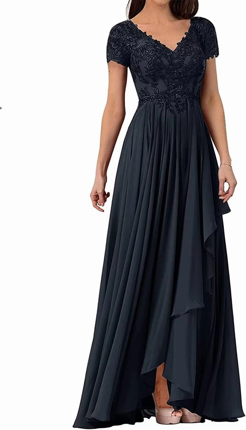 V Neck Mother of The Bride Dresses for Wedding Lace Appliques Prom Dress Women's Cap Sleeves Formal Evening Party Dress