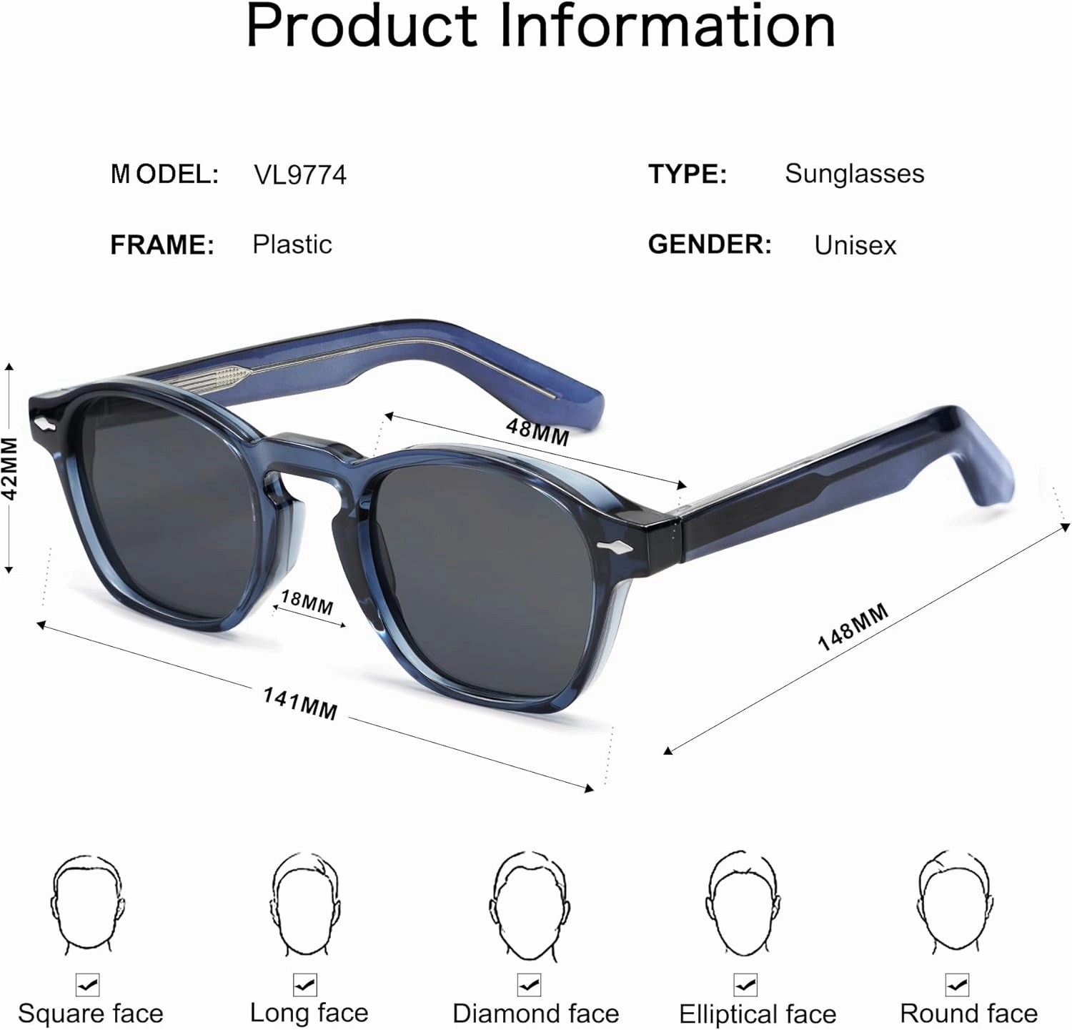 VANLINKER Retro Small Square Sunglasses for Men Women Thin Cube Shades Vintage Slim Frames Intellectual Style VL9774
