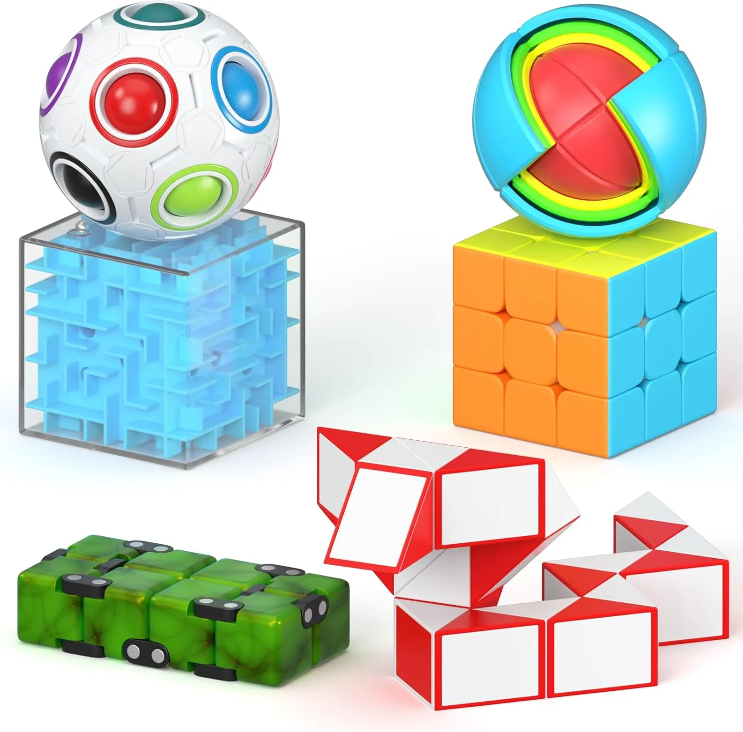 Vdealen Fidget Brain Teaser Toy for Kids, 3D PuzzlesToys Bundle of 3x3 Speed Cube, Maze Box, Rainbow Puzzle Ball, Wisdom Ball, Fidget Snake Cube, Infinity Cube IQ Games for Toddlers Kids Adults