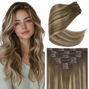 Ve Sunny Balayage Human Hair Clip in Extensions Real Hair Extensions Clip in Human Hair Ombre Brown with Blonde Hair Extensions Clip ins for Women 5pcs 12in 80g