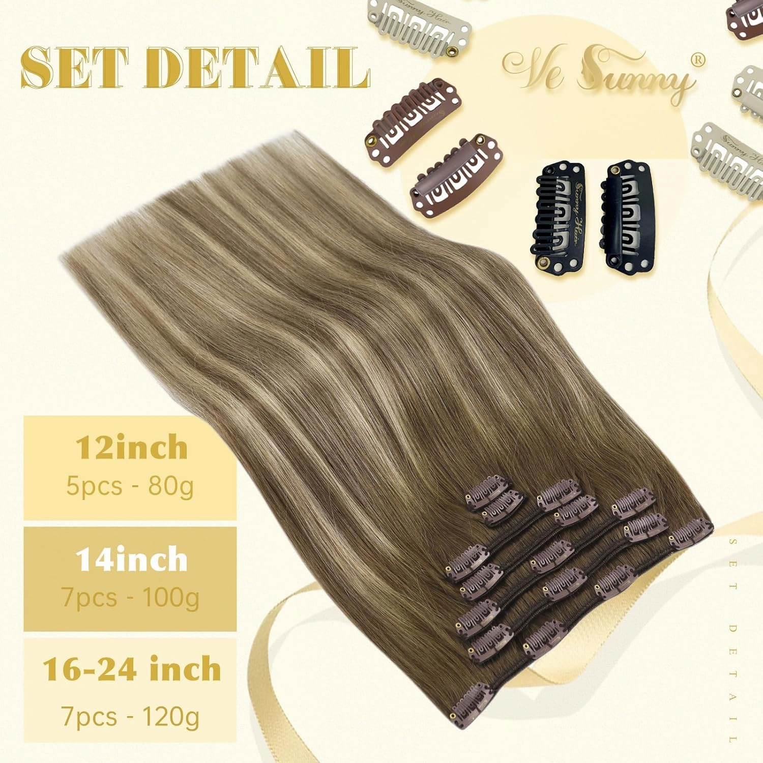 Ve Sunny Balayage Human Hair Clip in Extensions Real Hair Extensions Clip in Human Hair Ombre Brown with Blonde Hair Extensions Clip ins for Women 5pcs 12in 80g