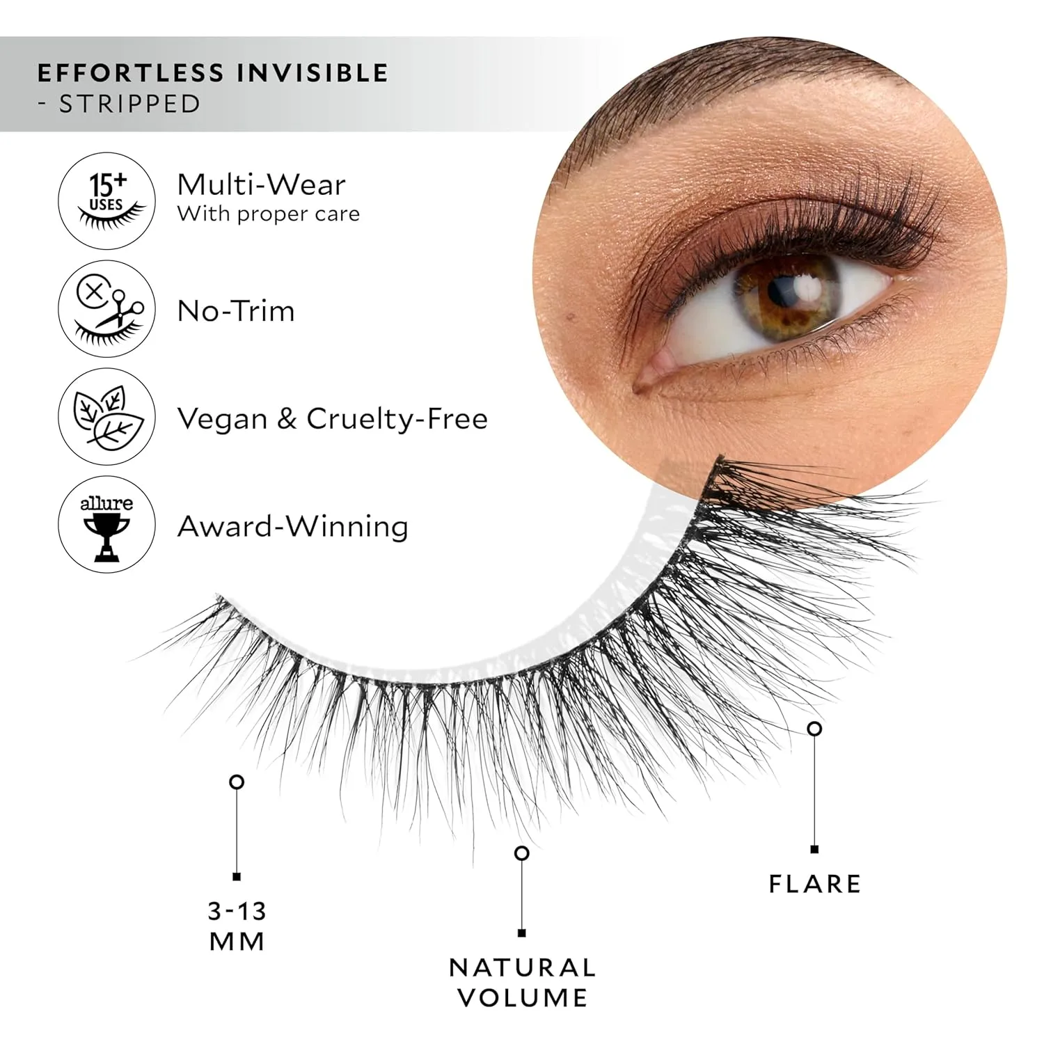 Velour Effortless Invisible Lashes, Lash Extension Look, Natural Looking False Eyelashes, Reusable Fake Lashes, Fluffy & Lightweight No Trim Eyelashes, Vegan, Glue not included (Stripped)