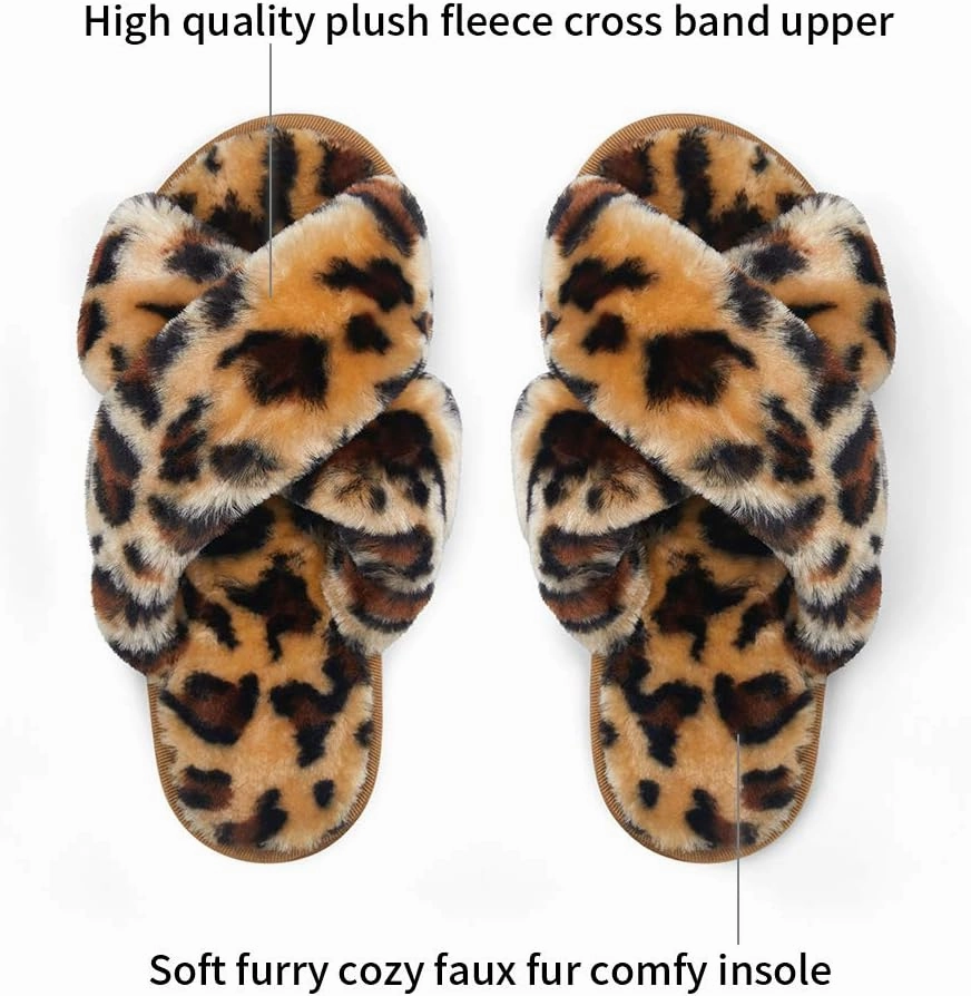 Vepose Women's 801 Cross Band Slippers, Soft Plush Furry Open Toe Fur Slides, Fuzzy Fluffy Slip on House Shoes Indoor Outdoor Slippers