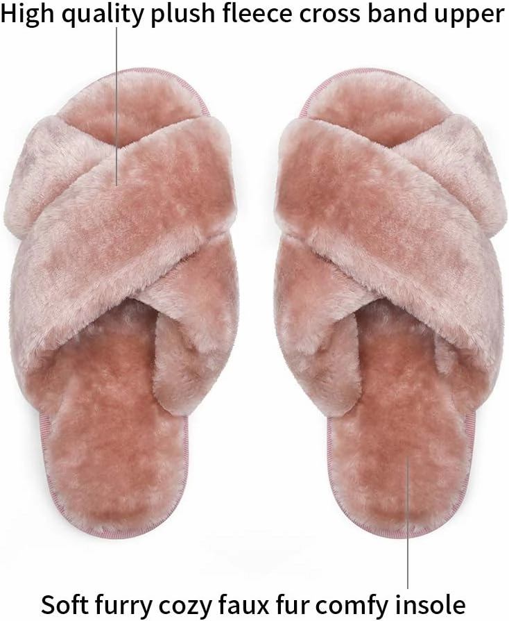 Vepose Women's 801 Cross Band Slippers, Soft Plush Furry Open Toe Fur Slides, Fuzzy Fluffy Slip on House Shoes Indoor Outdoor Slippers