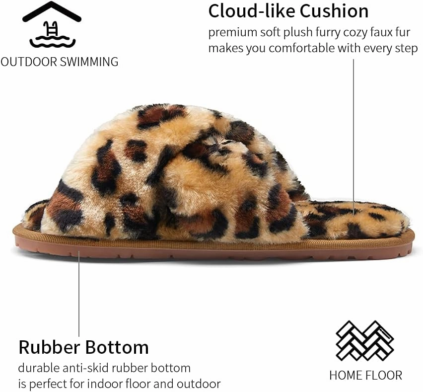 Vepose Women's 801 Cross Band Slippers, Soft Plush Furry Open Toe Fur Slides, Fuzzy Fluffy Slip on House Shoes Indoor Outdoor Slippers