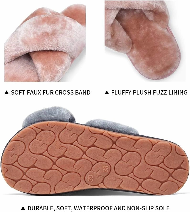 Vepose Women's 801 Cross Band Slippers, Soft Plush Furry Open Toe Fur Slides, Fuzzy Fluffy Slip on House Shoes Indoor Outdoor Slippers