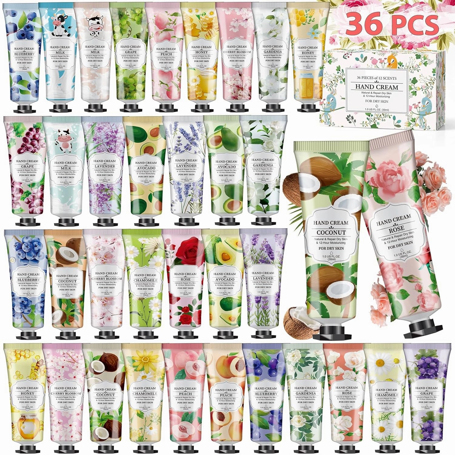 VESPRO 36 Pack Hand Cream Gifts Set For Wome, Moisturizing Mini Hand Lotion for Dry Cracked Hands,Hand Lotion Travel Size in Bulk for Thanksgiving Gift and Baby Shower Favors-36 Scented/30ml