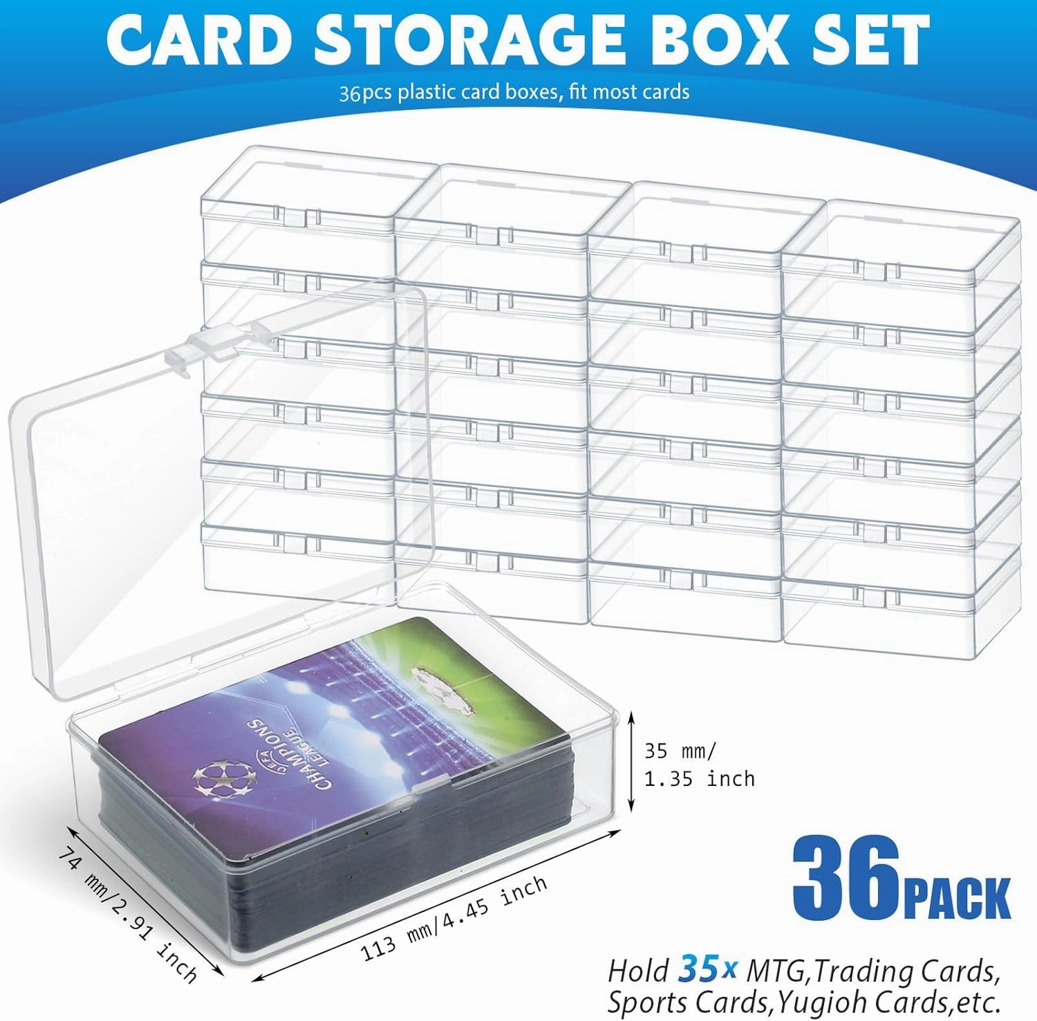Vicenpal 36 Pcs Playing Card Boxes Clear Plastic Deck Cases Trading Card Storage Boxes Compatible with MTG TCG 100 Game Cases Holder 4.45 x 2.91 x 1.35 Inch