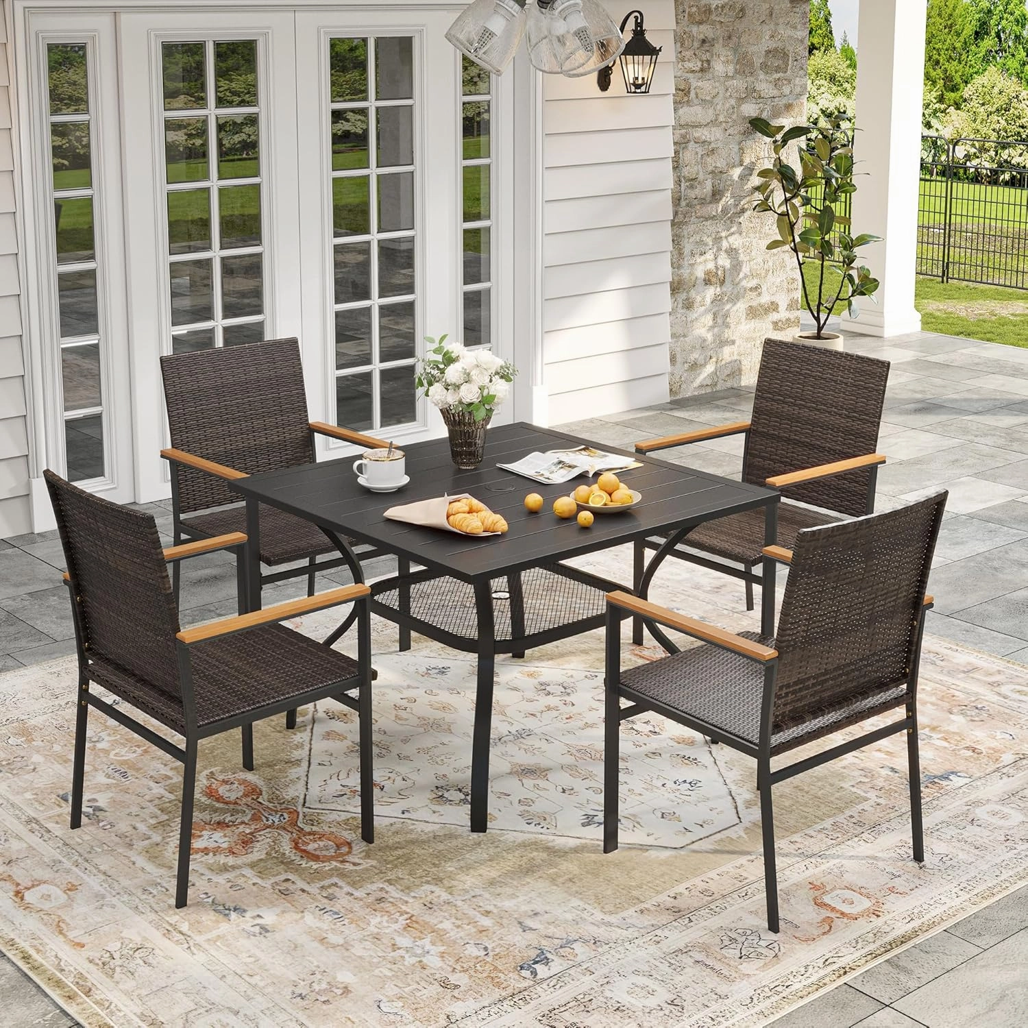 VICLLAX 5 Pieces Patio Dining Set, 4 Outdoor Wicker Dining Chairs and Patio Square Metal Table with Storage Shelf for Backyard Lawn Deck, Brown Wicker and Black Tabletop