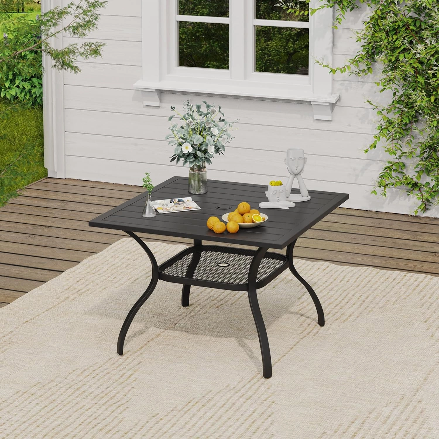 VICLLAX 5 Pieces Patio Dining Set, 4 Outdoor Wicker Dining Chairs and Patio Square Metal Table with Storage Shelf for Backyard Lawn Deck, Brown Wicker and Black Tabletop