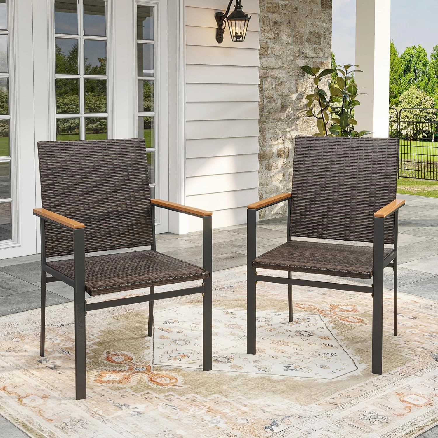 VICLLAX 5 Pieces Patio Dining Set, 4 Outdoor Wicker Dining Chairs and Patio Square Metal Table with Storage Shelf for Backyard Lawn Deck, Brown Wicker and Black Tabletop