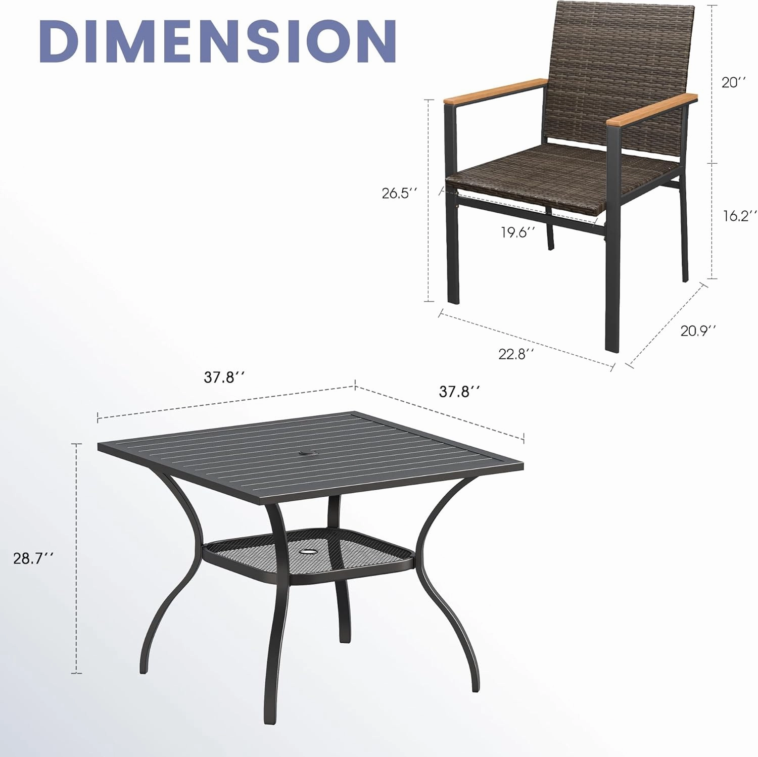 VICLLAX 5 Pieces Patio Dining Set, 4 Outdoor Wicker Dining Chairs and Patio Square Metal Table with Storage Shelf for Backyard Lawn Deck, Brown Wicker and Black Tabletop