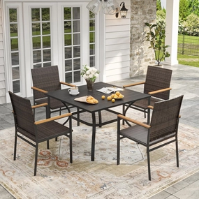 VICLLAX 5 Pieces Patio Dining Set, 4 Outdoor Wicker Dining Chairs and Patio Square Metal Table with Storage Shelf for Backyard Lawn Deck, Brown Wicker and Black Tabletop