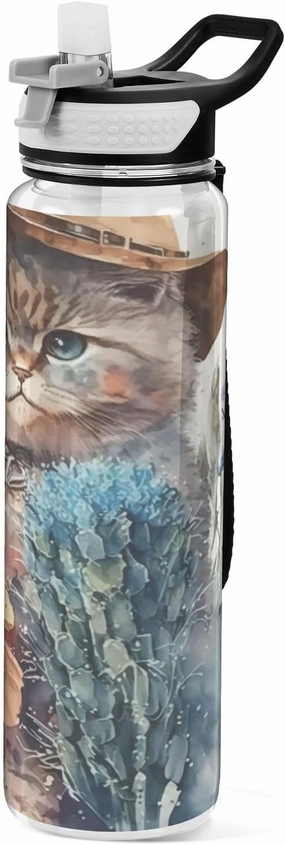VIGTRO Cute Cowboy Cat Sport Water Bottle with Straw, Floral Cool Tritan Drinks Bottle Transparent Leakproof BPA Free 32oz for Travel Hiking Gym