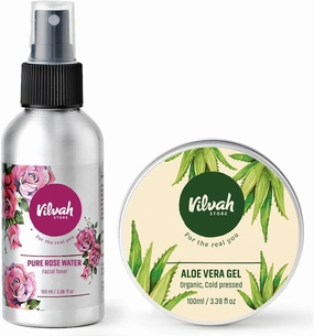 Vilvah Store Pure Rose Water Facial Toner and Organic Aloe Vera Gel Set, 3.38 fl oz Each