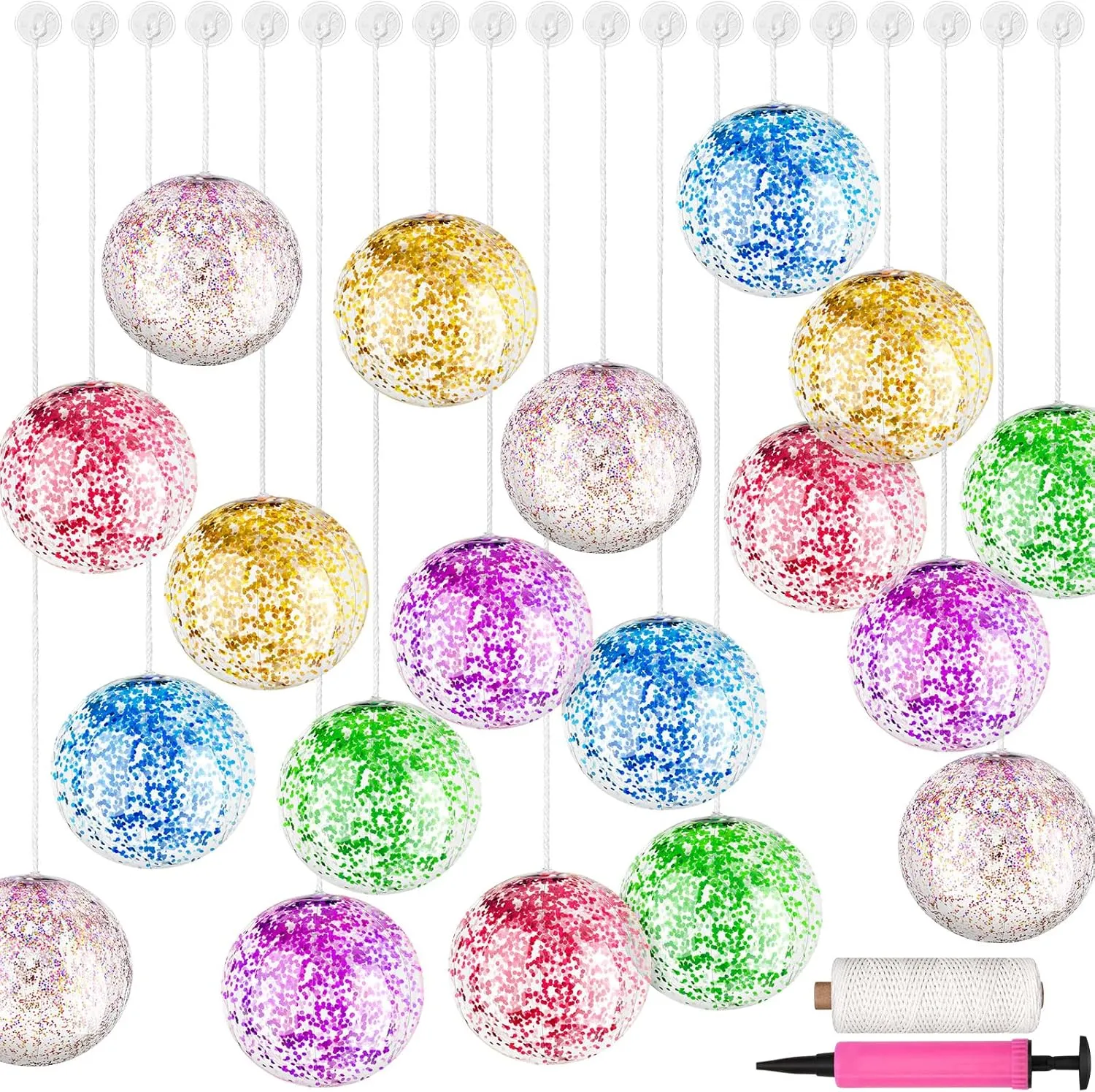 Vinsot 48 Pcs Inflatable Sequin Beach Balls 12 Inch Giant Glitter Beach Balls Hanging Clear Shiny Balls Decorations with Hanging Rope, Hooks and Pump for Summer Beach Pool Party Toy