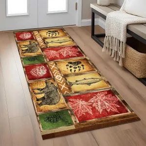 Vintage Bear Runner Rug, Rustic Lodge Wildlife Entry, Hallway or Bedroom Interior, Cozy Durable Floor Rug with Rubber Backing, Maple Pinecone Design, 2x8ft