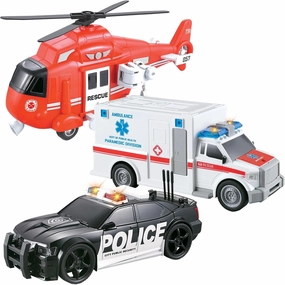 Vokodo 3 Pack City Guardians Vehicle Bundle Toy Playsets, Friction Power Vehicles Includes Fire Rescue Helicopter, Police Cruiser Car, Ambulance Truck Pretend Play Toys Toddler Kids Boys Ages 3 4 5 6