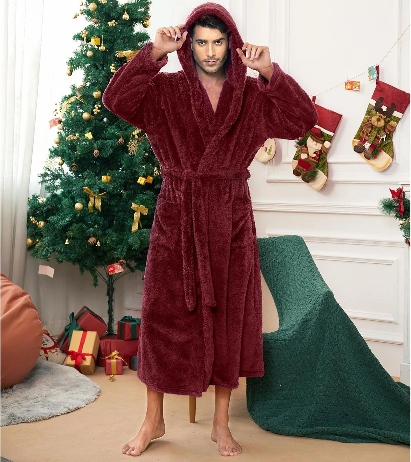 Vulcanodon Mens Robe Big and Tall with Hood, Full Length Plush Robe for Men Long Fleece Bathrobe