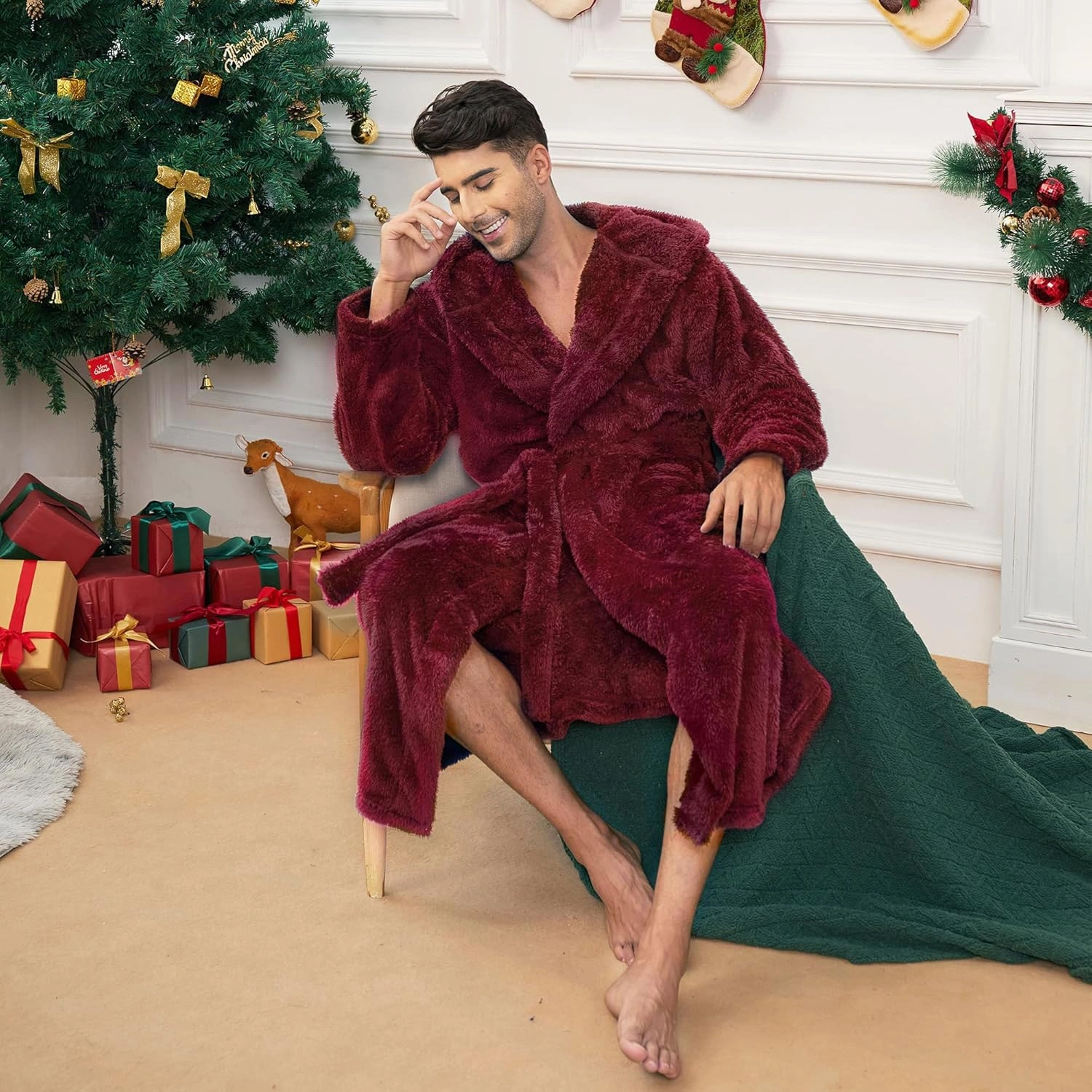 Vulcanodon Mens Robe Big and Tall with Hood, Full Length Plush Robe for Men Long Fleece Bathrobe