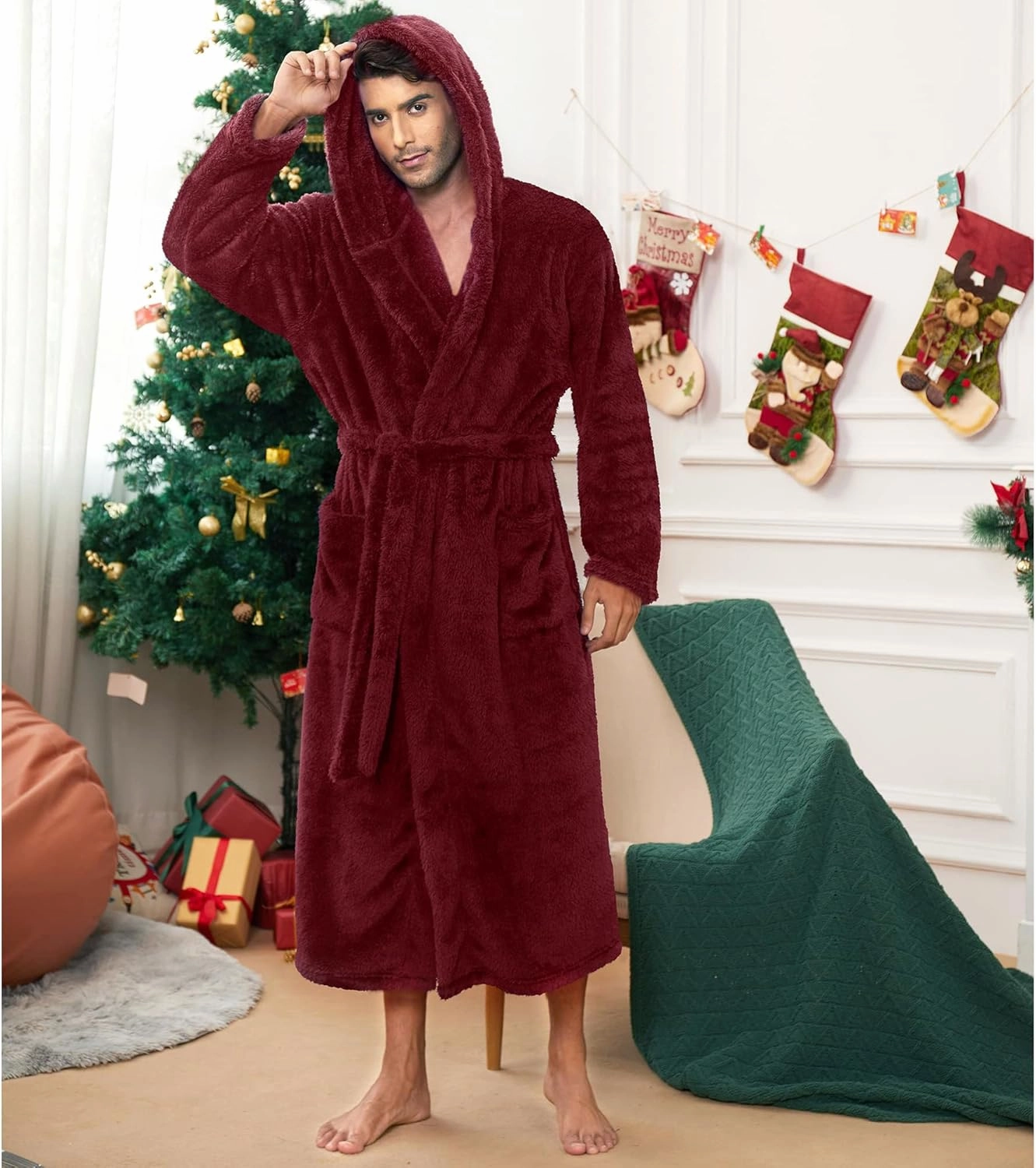 Vulcanodon Mens Robe Big and Tall with Hood, Full Length Plush Robe for Men Long Fleece Bathrobe