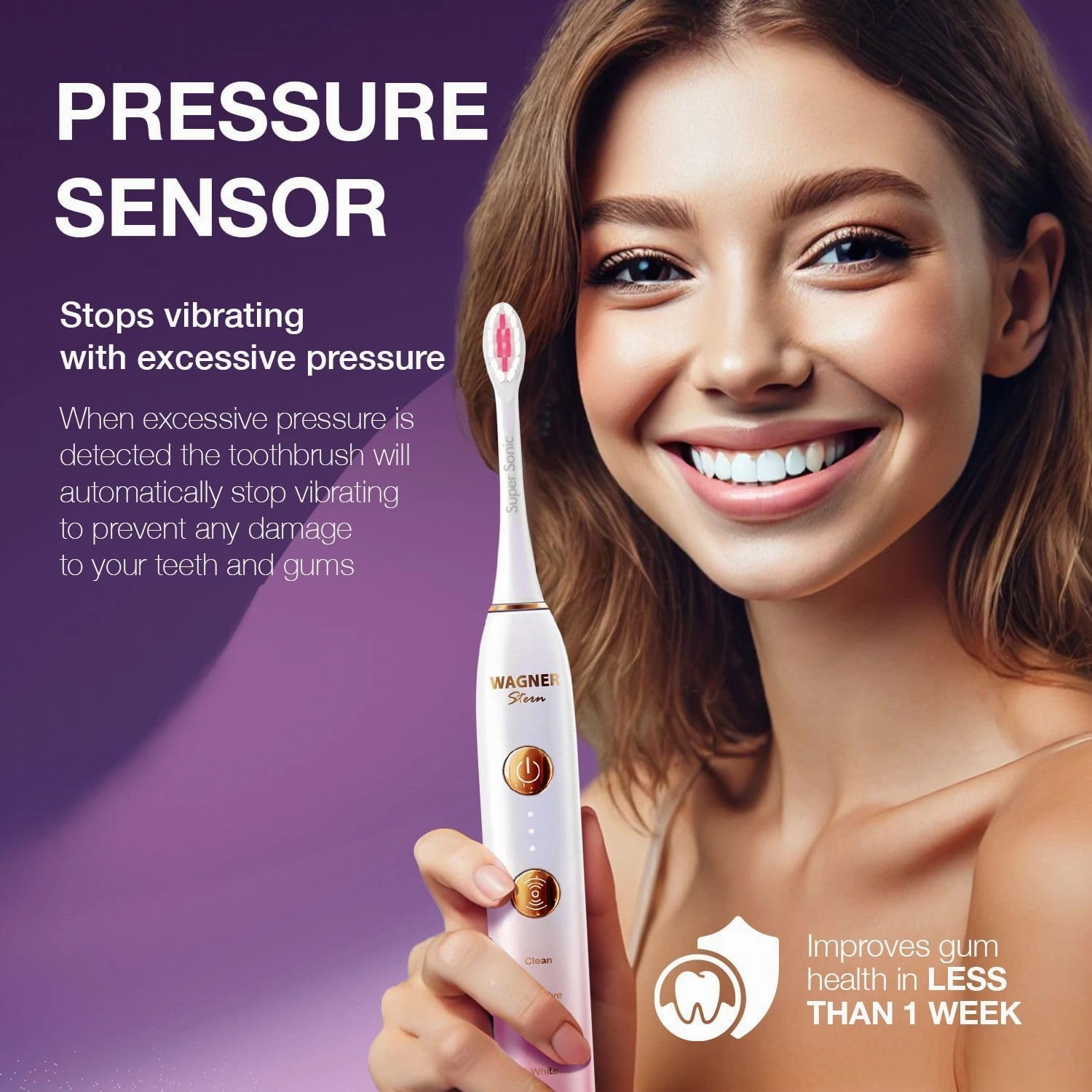 Wagner Stern WHITEN  Edition. Whitening Electric Toothbrush with Pressure Sensor. Offers 5 Brushing Modes, 3 intensities, 8 Soft Brush Heads, and a Luxury Travel case.