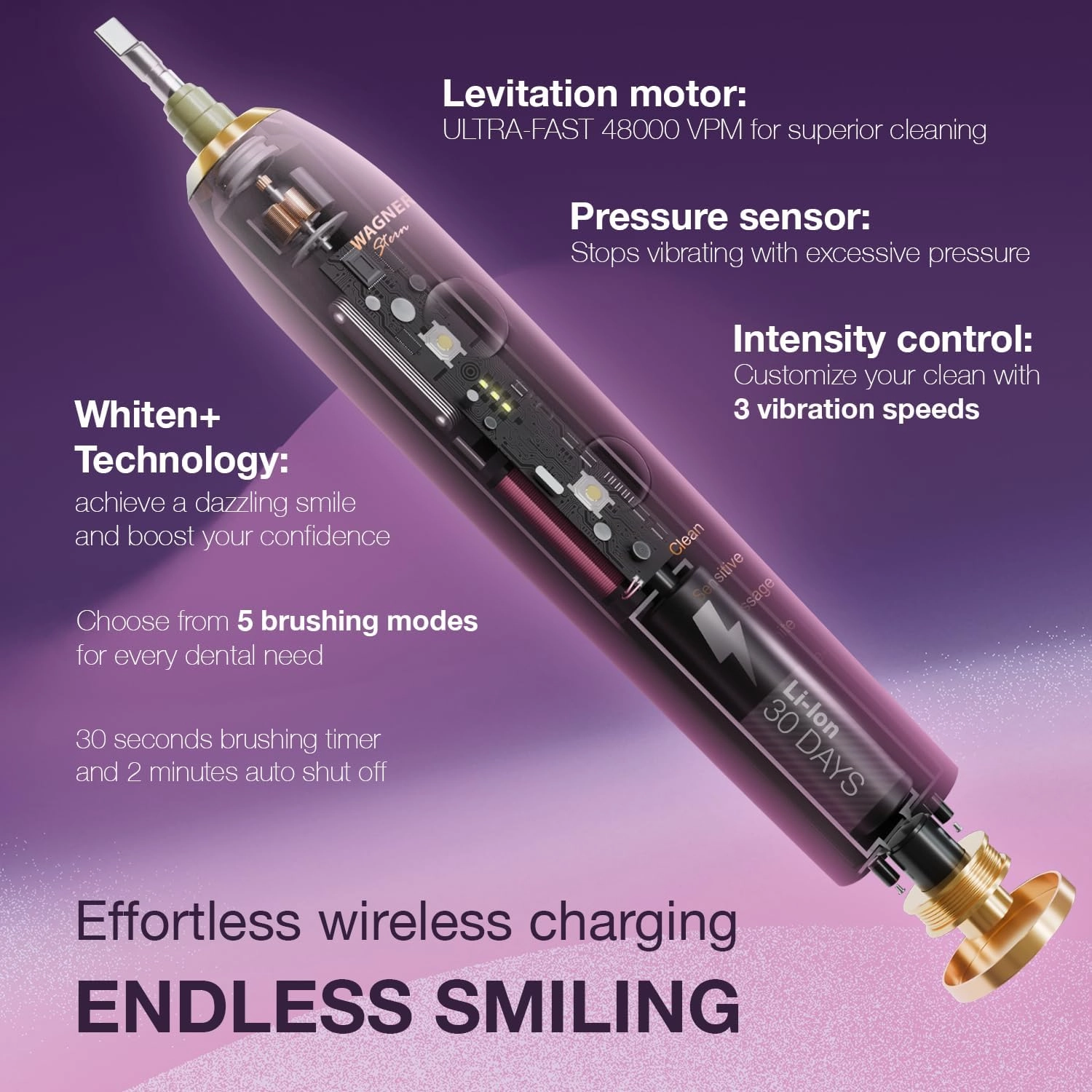 Wagner Stern WHITEN  Edition. Whitening Electric Toothbrush with Pressure Sensor. Offers 5 Brushing Modes, 3 intensities, 8 Soft Brush Heads, and a Luxury Travel case.