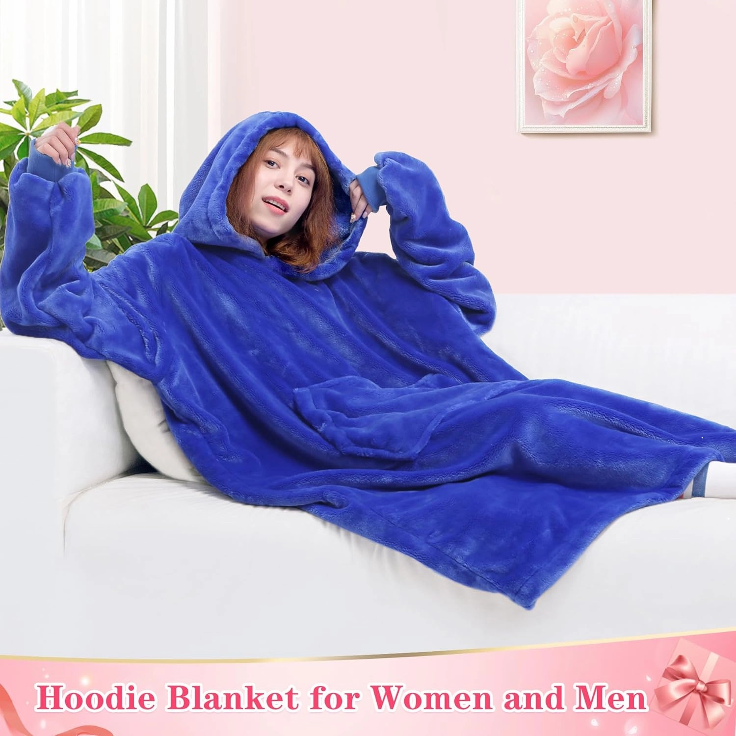 Waitu Wearable Blanket Sweatshirt Gifts for Women and Men, Warm and Cozy Giant Blanket Hoodie, Thick Flannel Blanket with Sleeves and Giant Pocket - Blue
