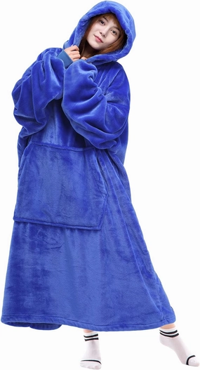 Waitu Wearable Blanket Sweatshirt Gifts for Women and Men, Warm and Cozy Giant Blanket Hoodie, Thick Flannel Blanket with Sleeves and Giant Pocket - Blue