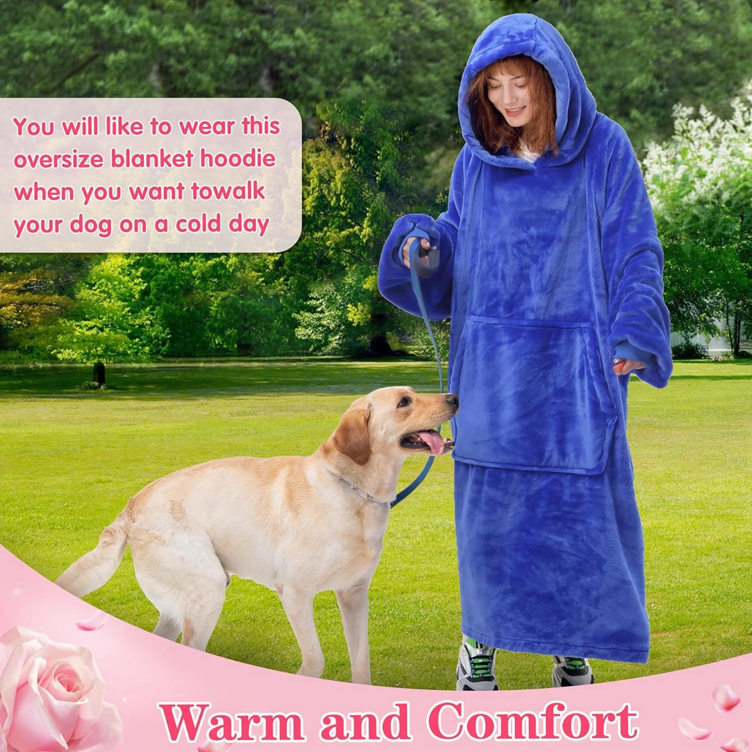 Waitu Wearable Blanket Sweatshirt Gifts for Women and Men, Warm and Cozy Giant Blanket Hoodie, Thick Flannel Blanket with Sleeves and Giant Pocket - Blue