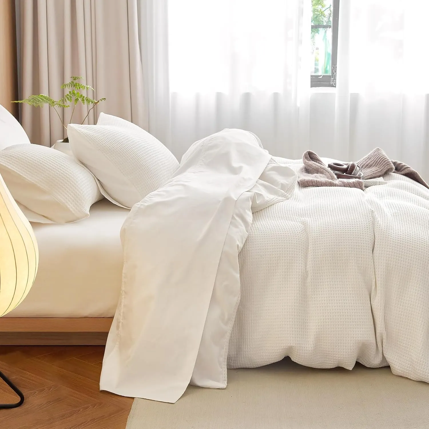 Wake In Cloud - Waffle Cotton Duvet Cover Set, 100% Cotton Bedding, Waffle Weave Knit Textured Neutral Farmhouse Soft Lightweight, 3 Pieces, White, King Size