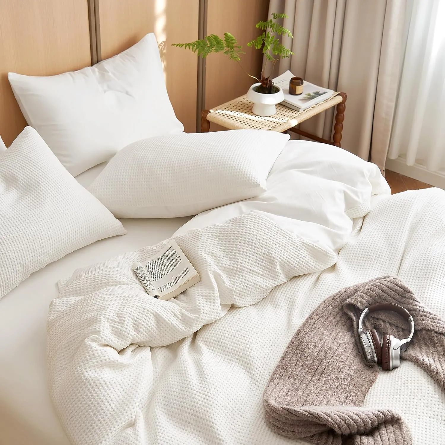 Wake In Cloud - Waffle Cotton Duvet Cover Set, 100% Cotton Bedding, Waffle Weave Knit Textured Neutral Farmhouse Soft Lightweight, 3 Pieces, White, King Size