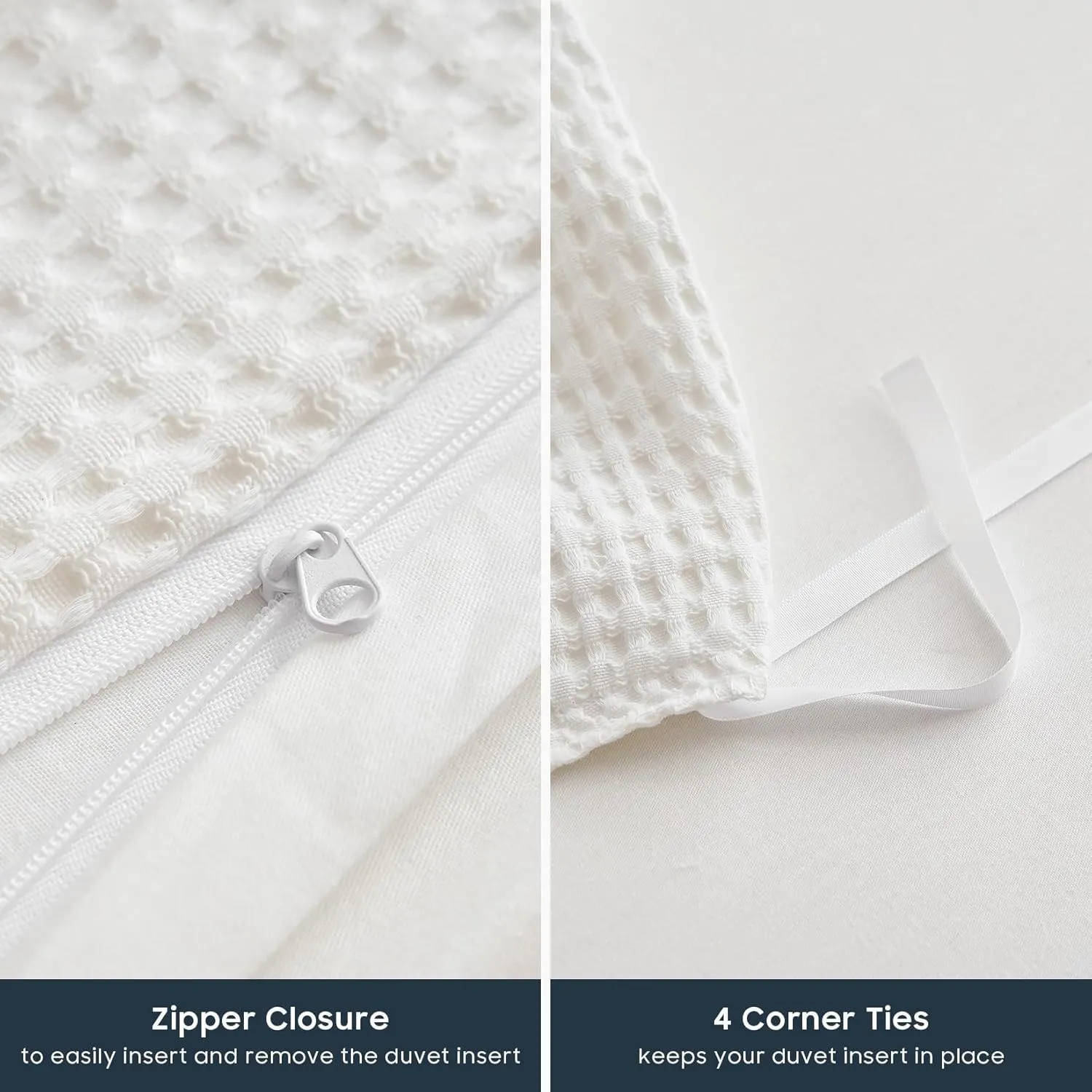 Wake In Cloud - Waffle Cotton Duvet Cover Set, 100% Cotton Bedding, Waffle Weave Knit Textured Neutral Farmhouse Soft Lightweight, 3 Pieces, White, King Size