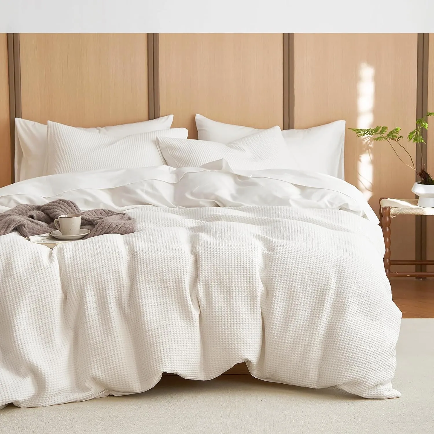 Wake In Cloud - Waffle Cotton Duvet Cover Set, 100% Cotton Bedding, Waffle Weave Knit Textured Neutral Farmhouse Soft Lightweight, 3 Pieces, White, King Size