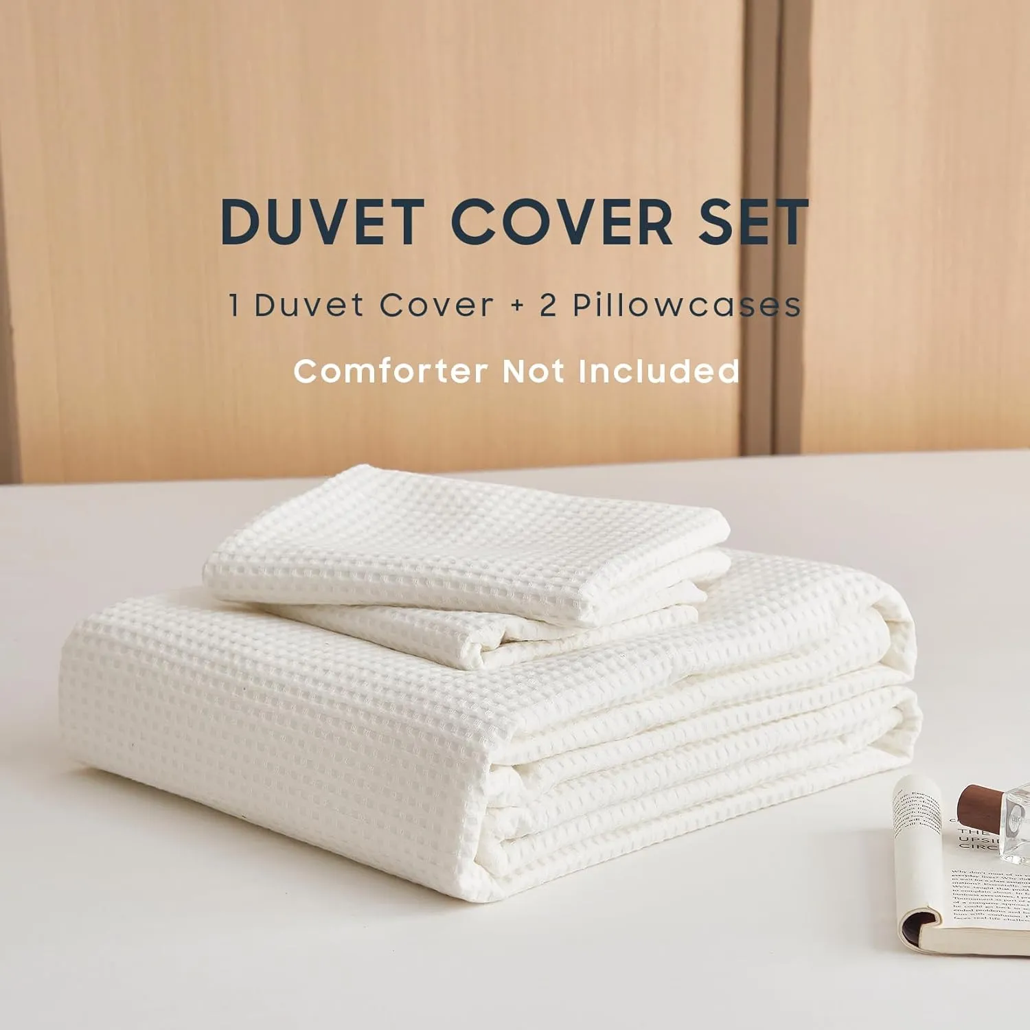Wake In Cloud - Waffle Cotton Duvet Cover Set, 100% Cotton Bedding, Waffle Weave Knit Textured Neutral Farmhouse Soft Lightweight, 3 Pieces, White, King Size