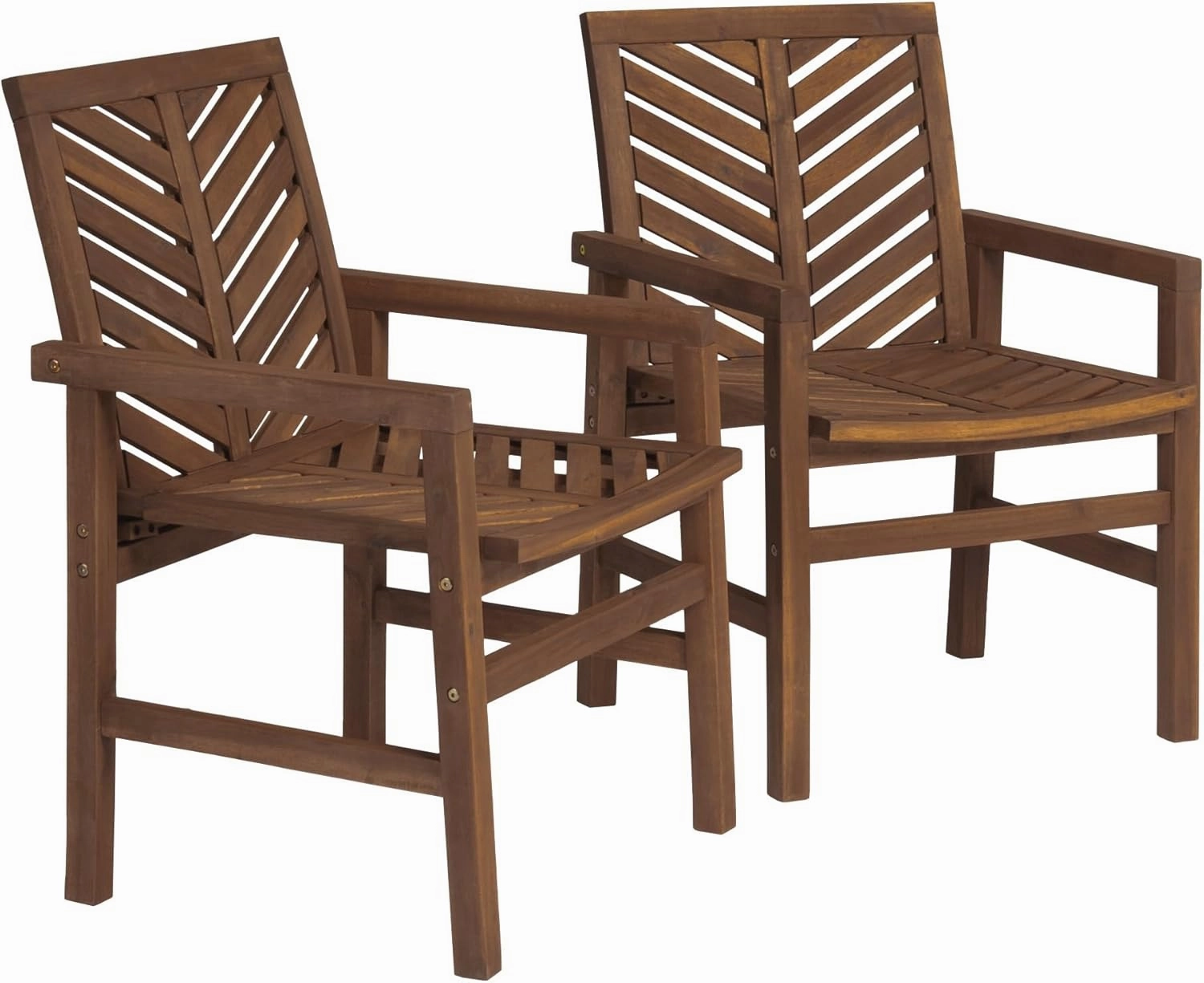 Walker Edison 2 Piece Outdoor Patio Chevron Wood Chair Set All Weather Backyard Conversation Garden Poolside Balcony, Set of 2, Dark Brown