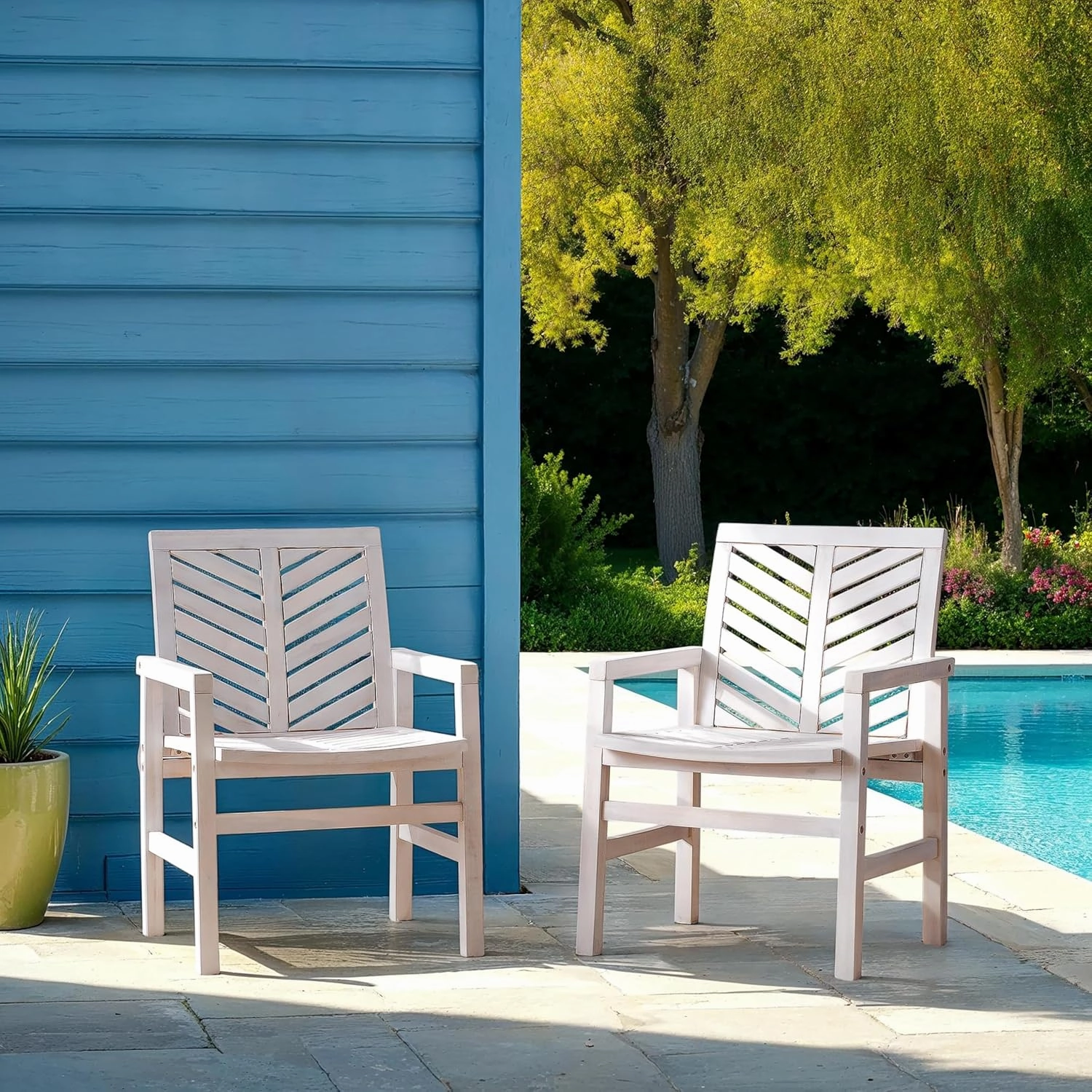 Walker Edison AZWC2VINWW Avalon Chevron Solid Acacia Wood Outdoor Chair, White Wash