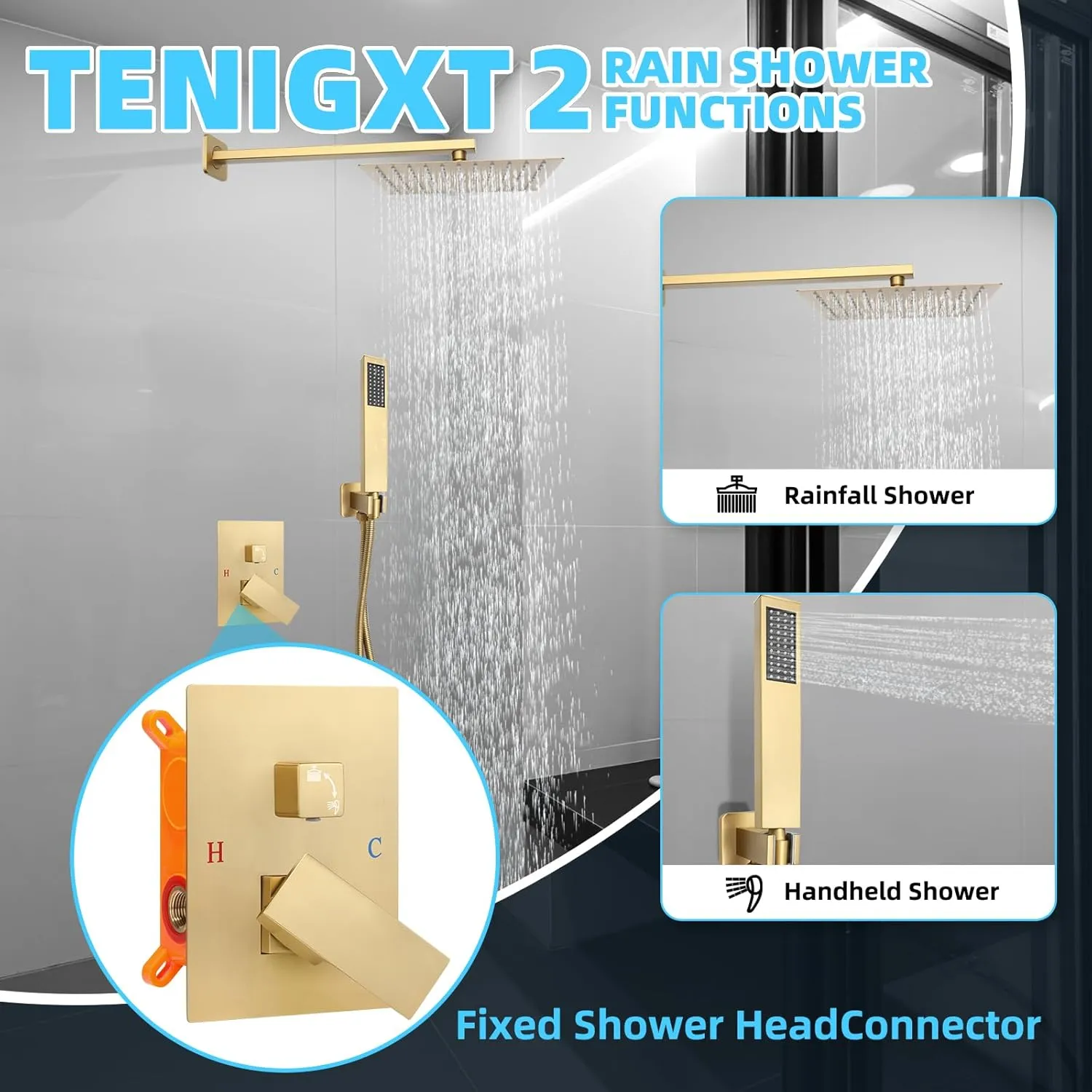 Wall-Mounted Bathroom Shower Faucet Set, With Shower Valve Shower Head and Handle Trim Kits, Rain Shower System(Brushed Gold,10 Inch)