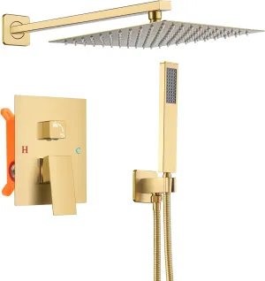 Wall-Mounted Bathroom Shower Faucet Set, With Shower Valve Shower Head and Handle Trim Kits, Rain Shower System(Brushed Gold,10 Inch)