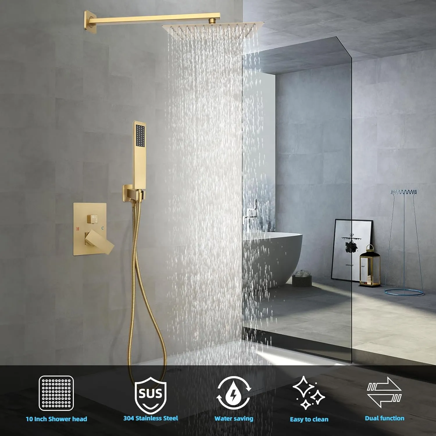 Wall-Mounted Bathroom Shower Faucet Set, With Shower Valve Shower Head and Handle Trim Kits, Rain Shower System(Brushed Gold,10 Inch)